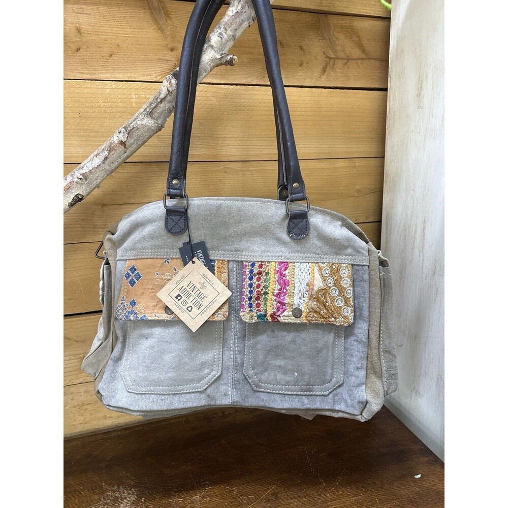 Vintage Addiction Canvas Handbag Embroidered Patchwork Pockets NWT Boho Chic